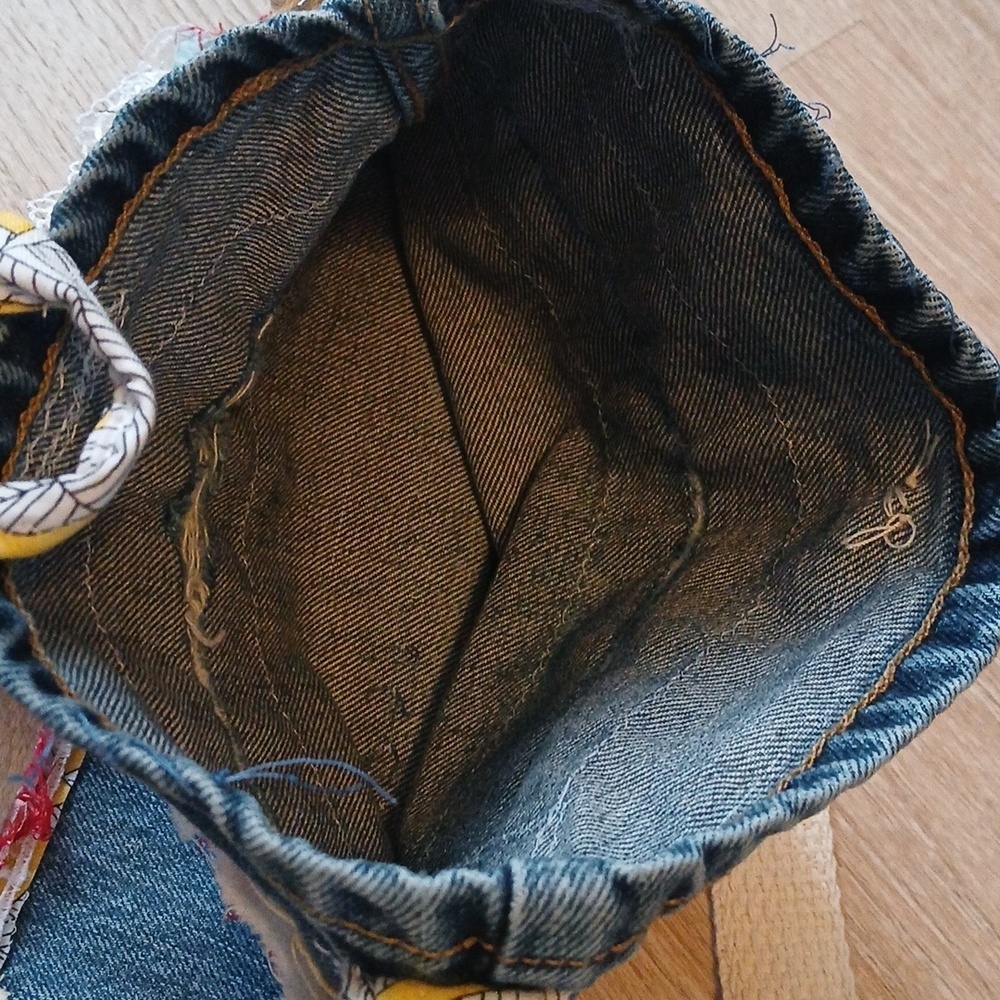 Upcycled Denim Crossbody Bag Handmade with Floral Trim Jeans Patchwork Trim - Picture 7 of 13
